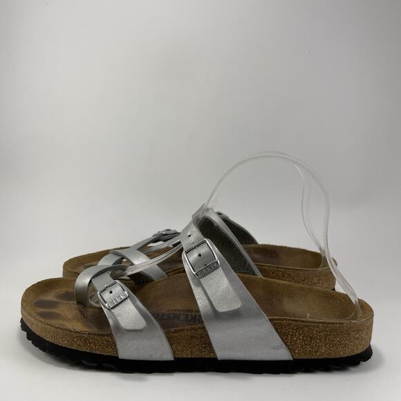 Birkenstock Mayari Sandals Womens Size 39/ 8-8.5 Silver Toe Loop Slides Birkibuc - Picture 3 of 9